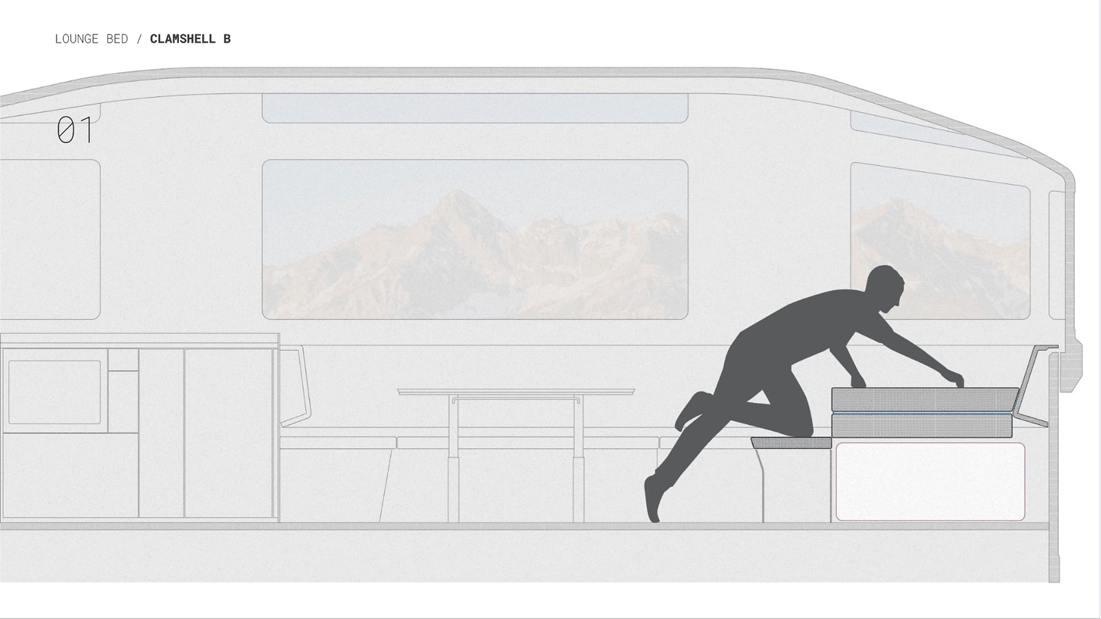 Animated five-frame Lightship clamshell lounge-bed sequence showing a person converting the seat into a bed.