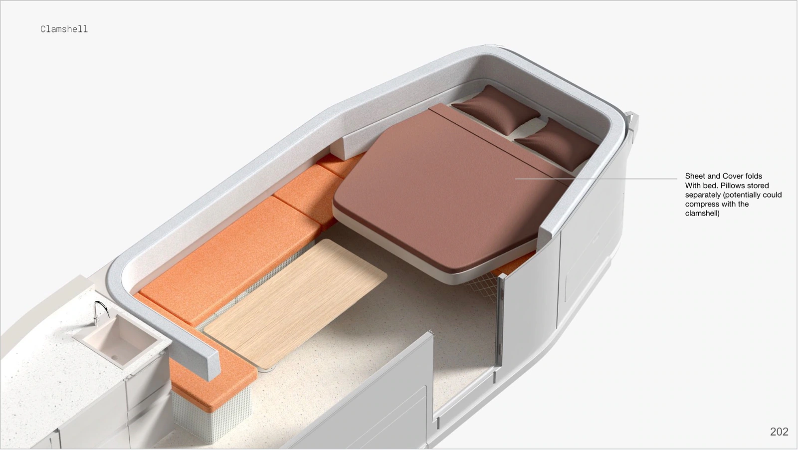 Lightship clamshell bed rendering with sheets and covers folding with the bed inside the rear lounge.