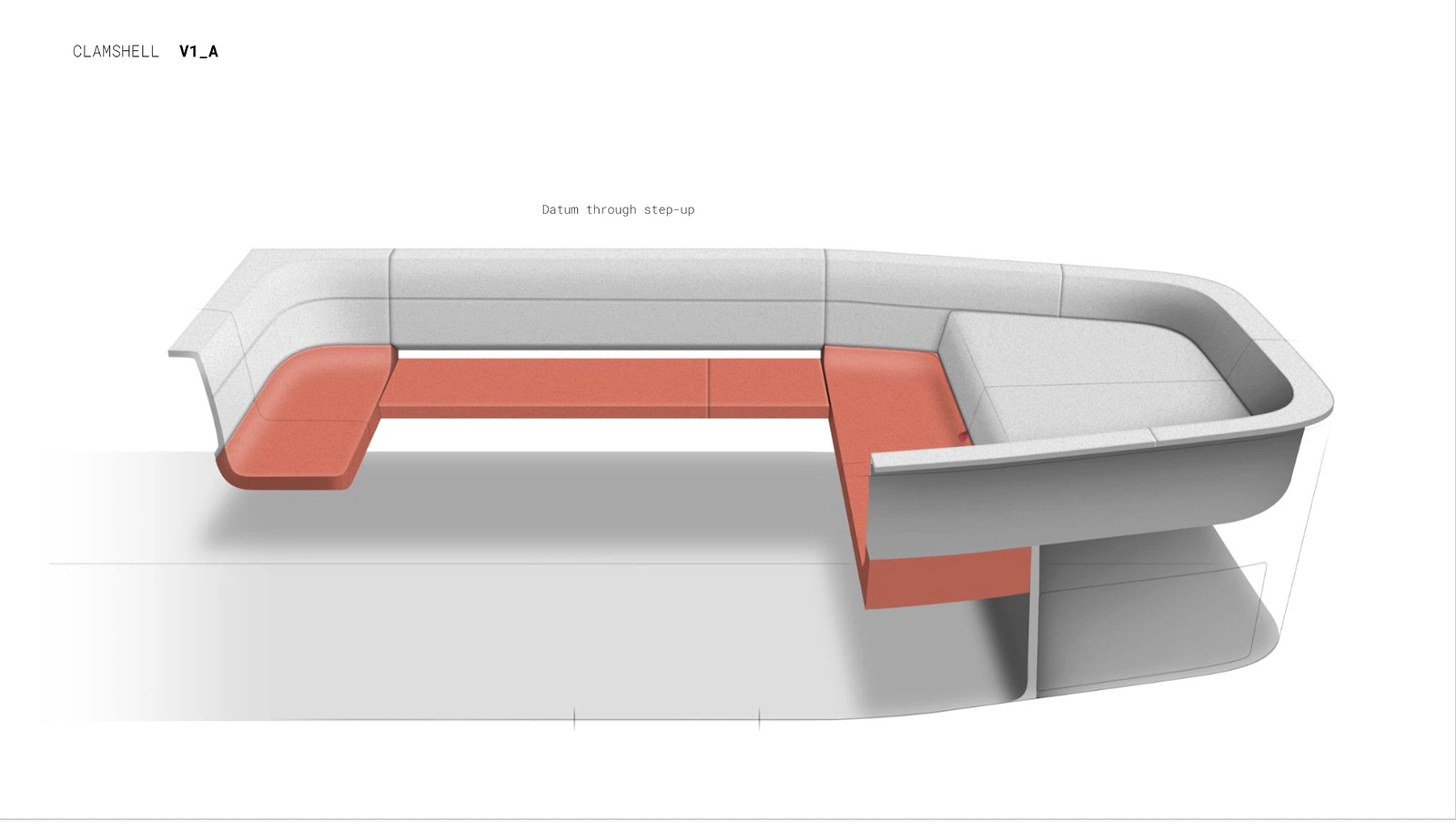 Early Lightship clamshell V1A sectional model studying lounge geometry, datum height and the bed volume.