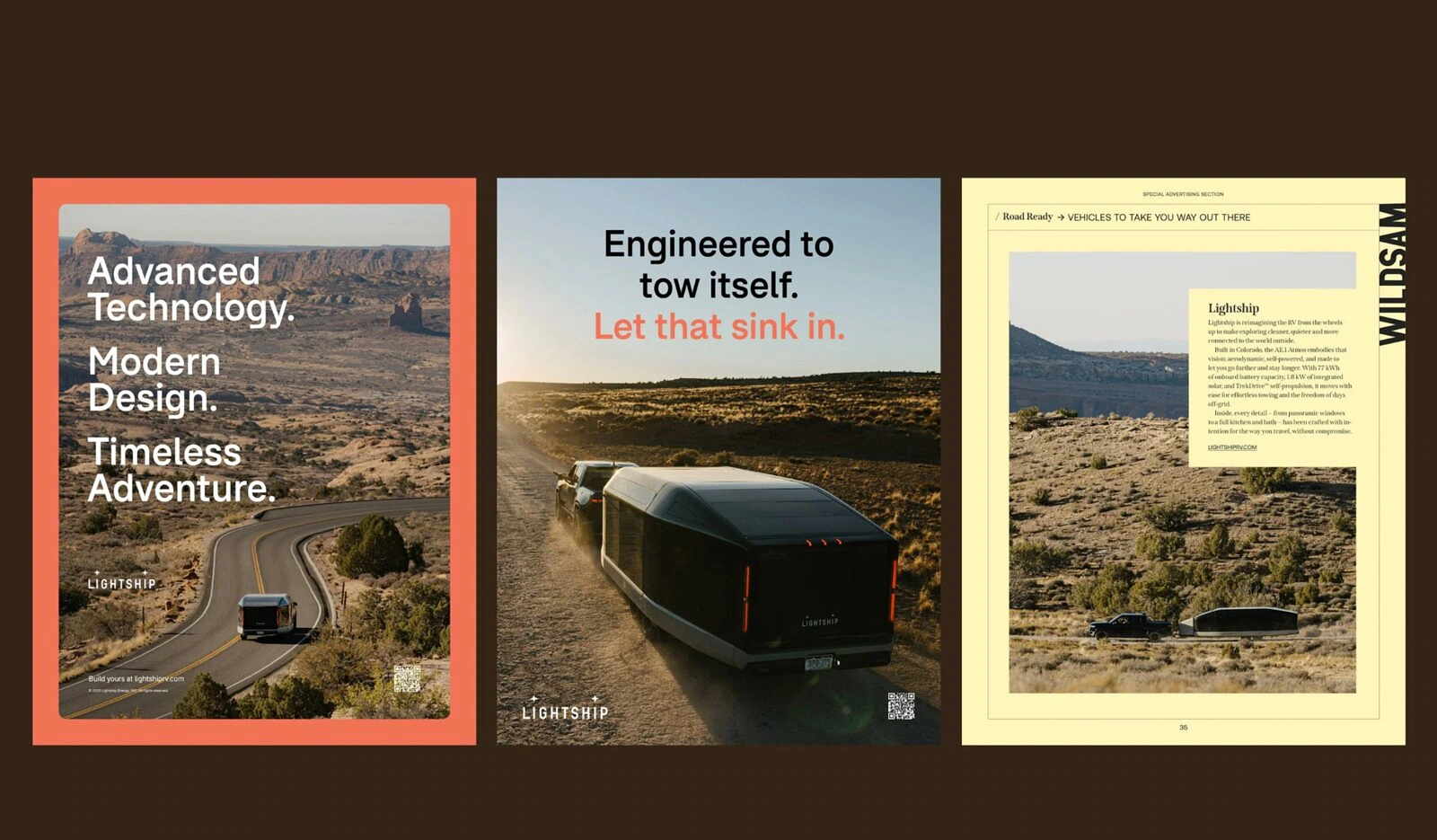 Lightship advertising concepts combining road photography with concise product and technology messaging.