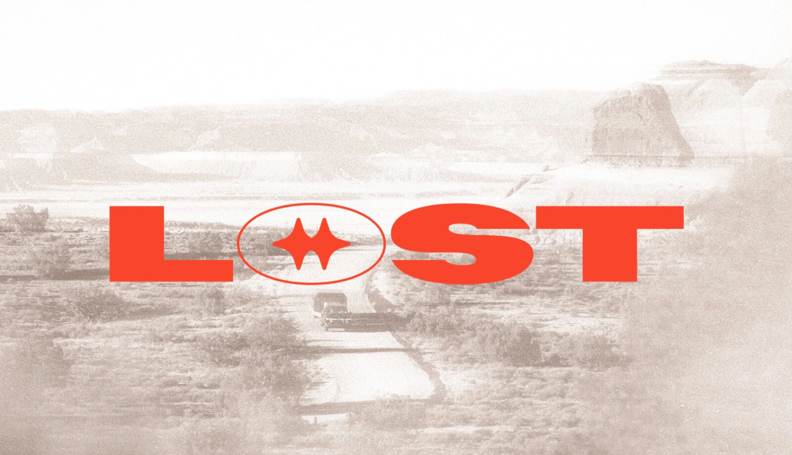L.O.S.T. identity over a vintage-treated road-trip landscape.