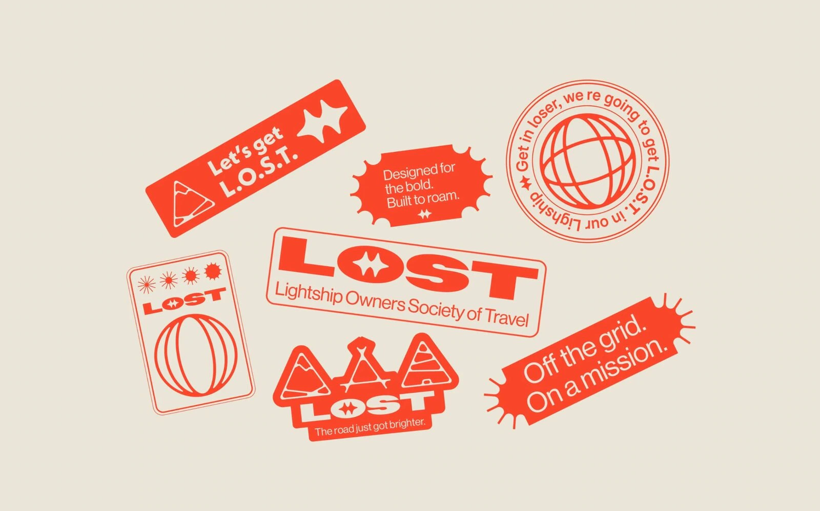 L.O.S.T. sticker and badge system in orange on a warm neutral field.