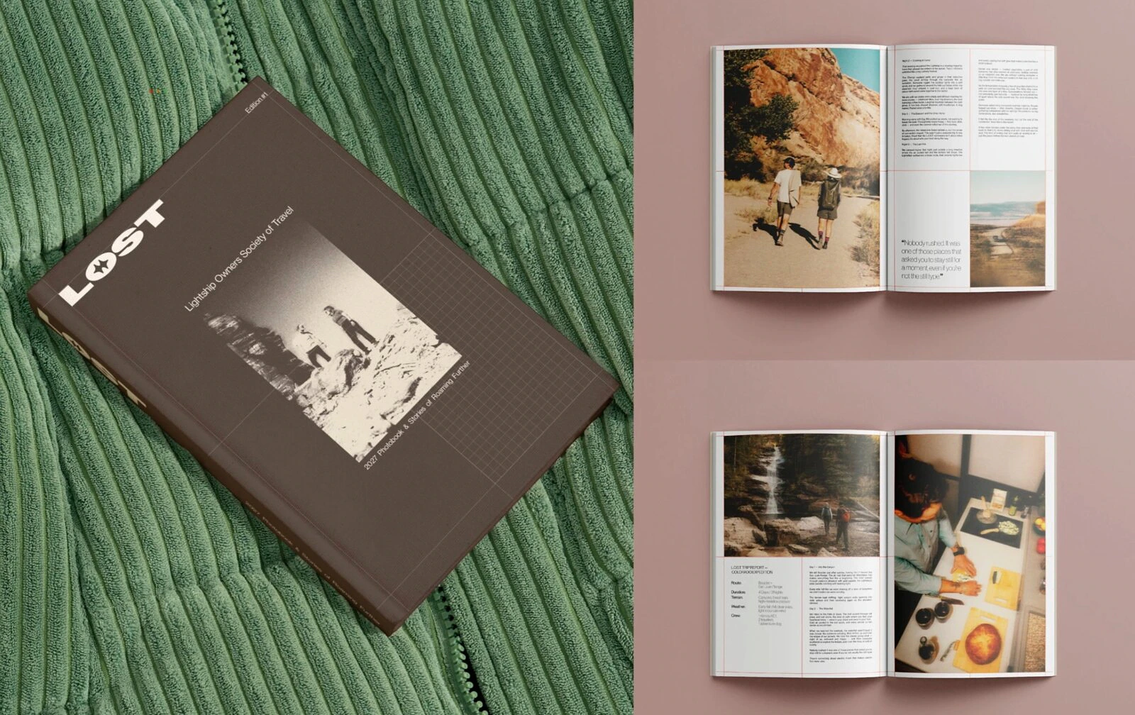 L.O.S.T. photobook and editorial spreads documenting travel stories.
