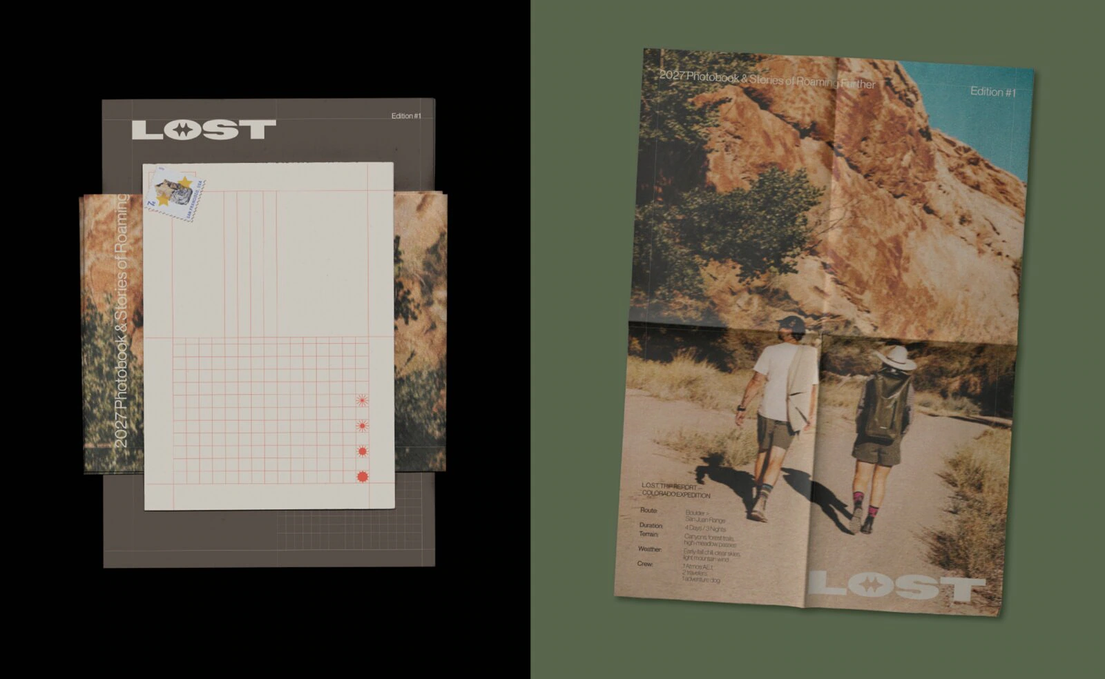 L.O.S.T. printed editorial ephemera including a photobook, postcard and field-grid paper.