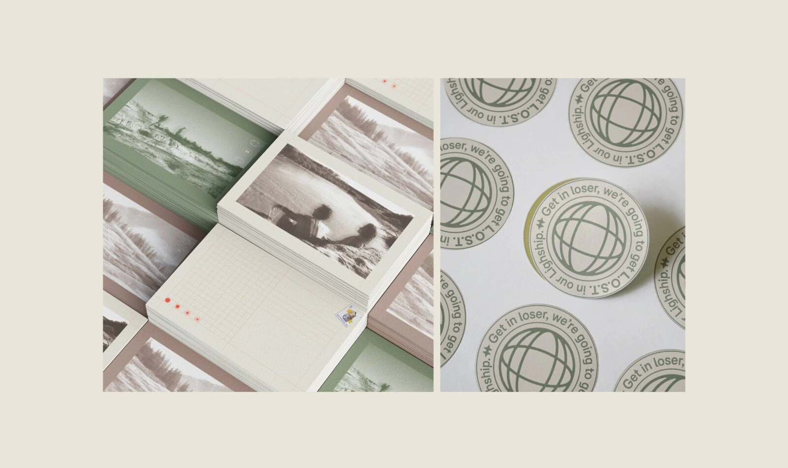 L.O.S.T. postcards and circular travel pins extending the community identity.