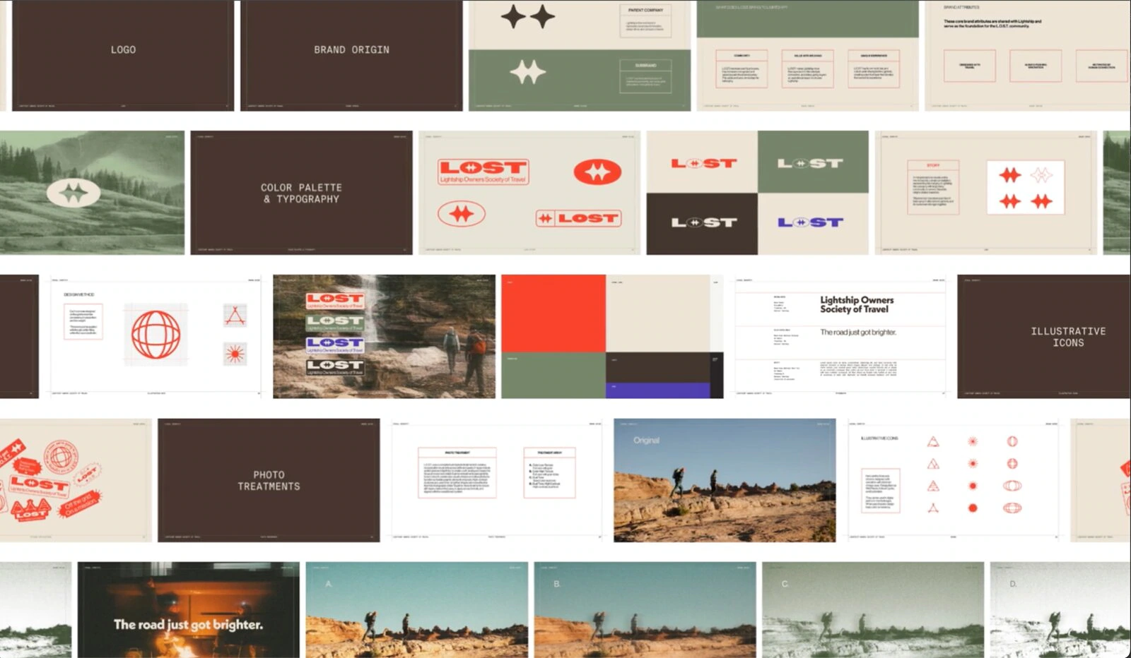 Overview of the L.O.S.T. brand guideline system including identity, color, typography, icons and photo treatments.
