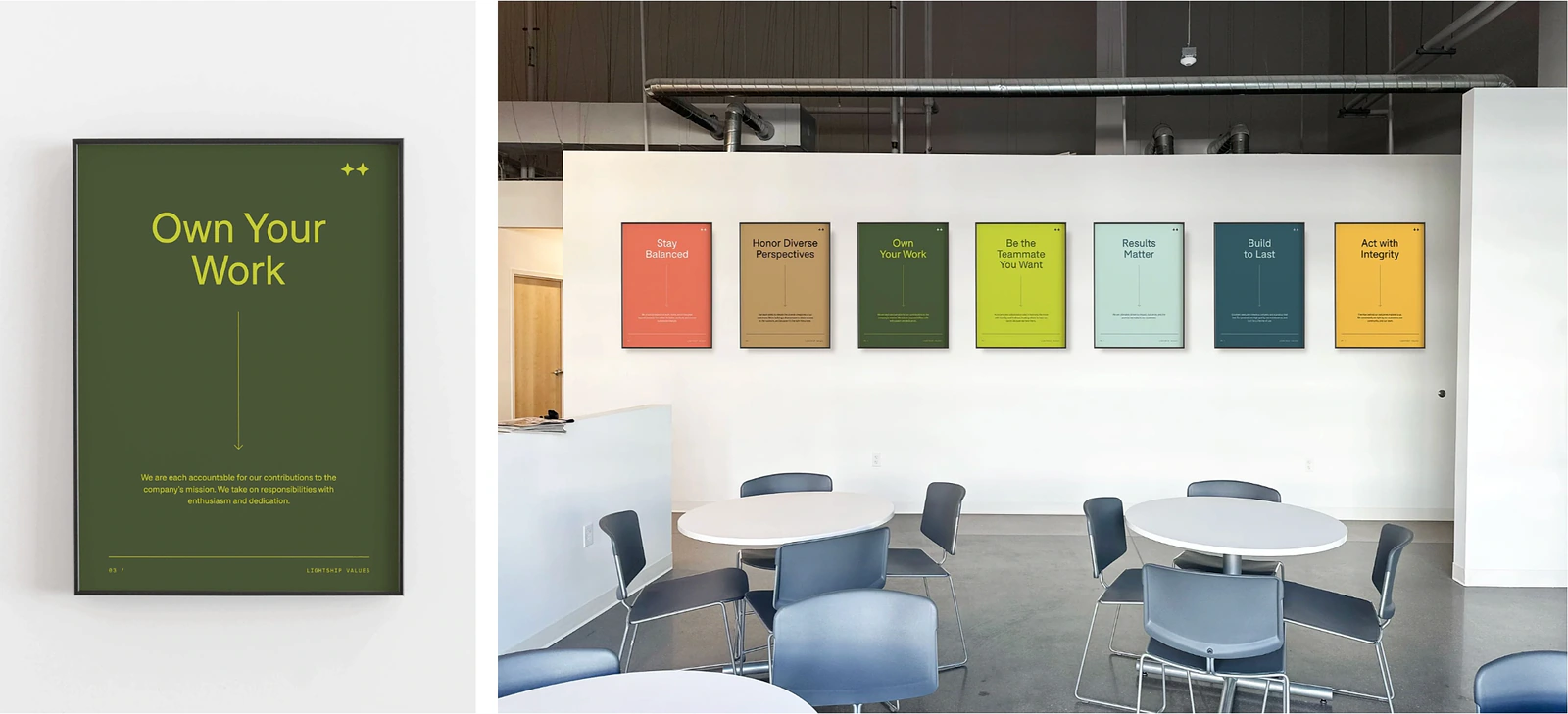 Lightship office wall featuring a framed values system inside a shared workspace.