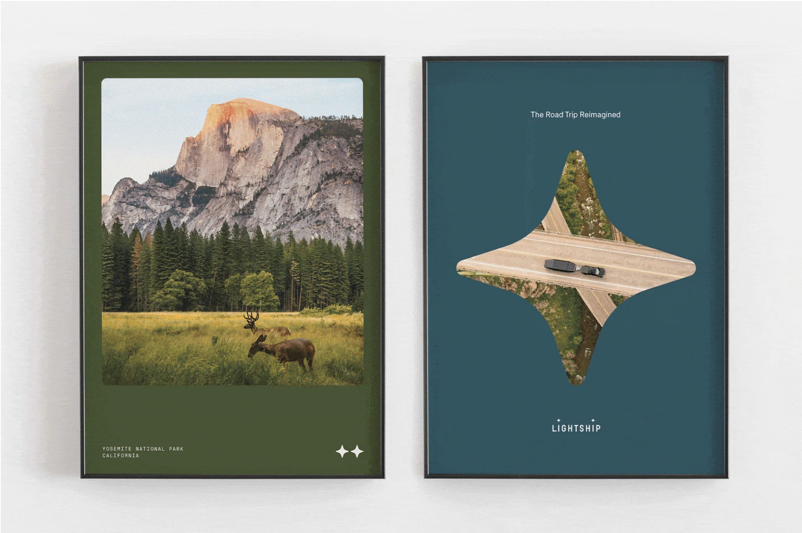 Pair of framed Lightship posters exploring road-trip imagery and brand storytelling.