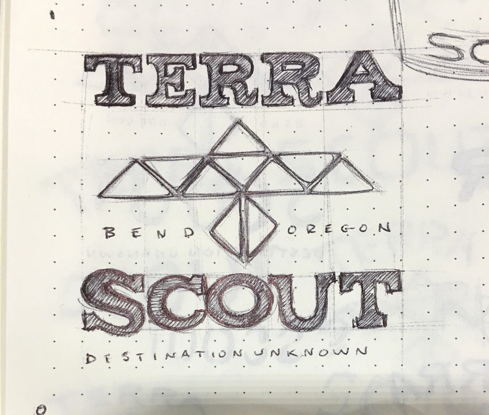Terrascout identity concept drawn by hand in a dot-grid notebook.