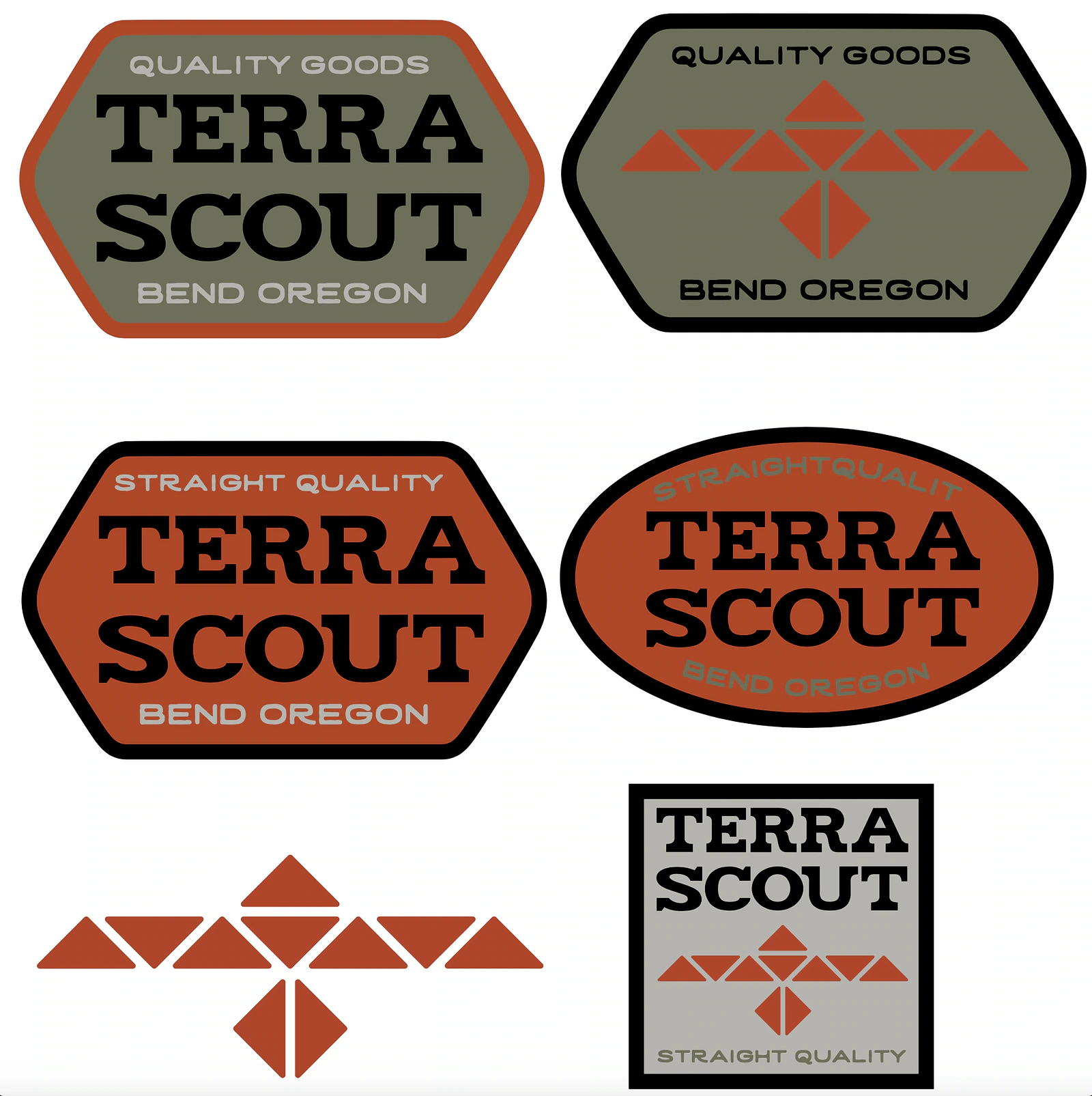 Terrascout identity studies showing badge shapes, wordmarks and geometric mark variations.