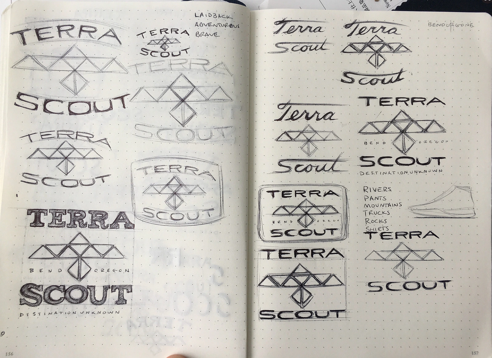 Open sketchbook spread filled with Terrascout wordmark and geometric symbol iterations.
