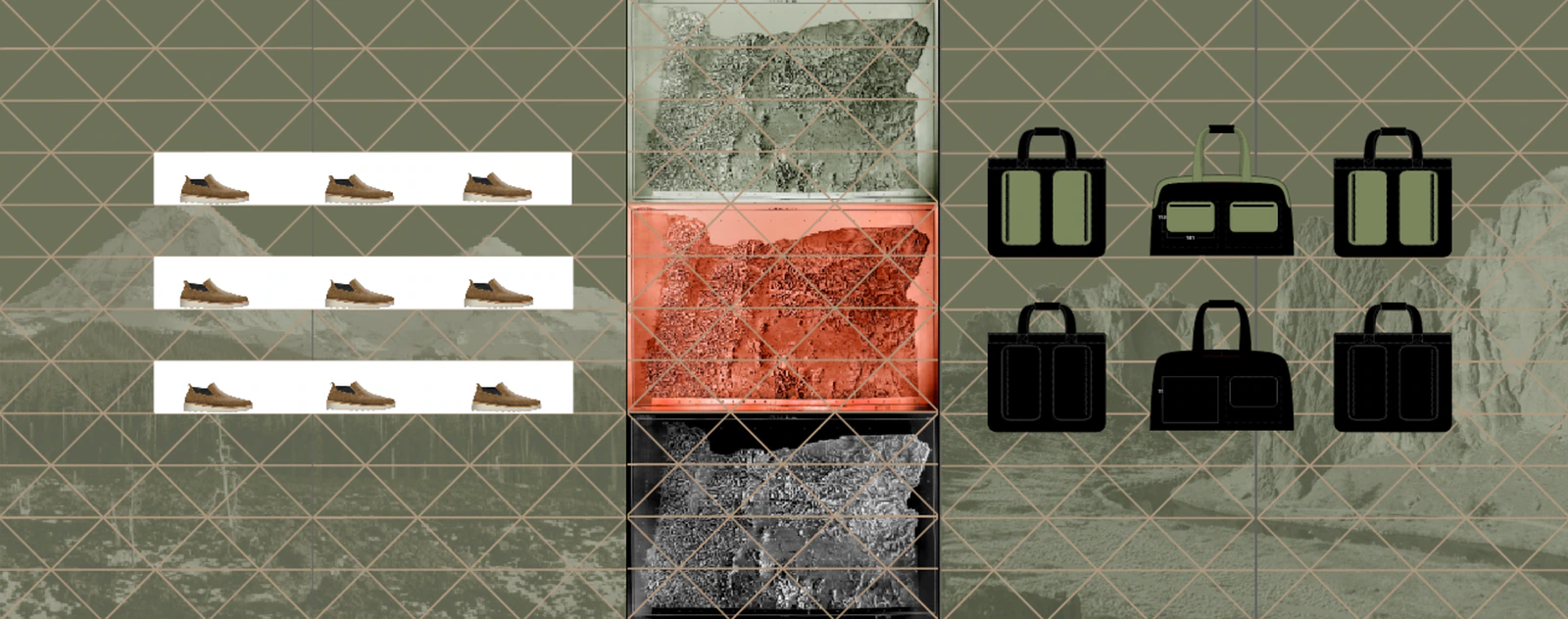 Terrascout development board combining footwear, bag concepts, maps, landscape imagery and a repeating geometric grid.