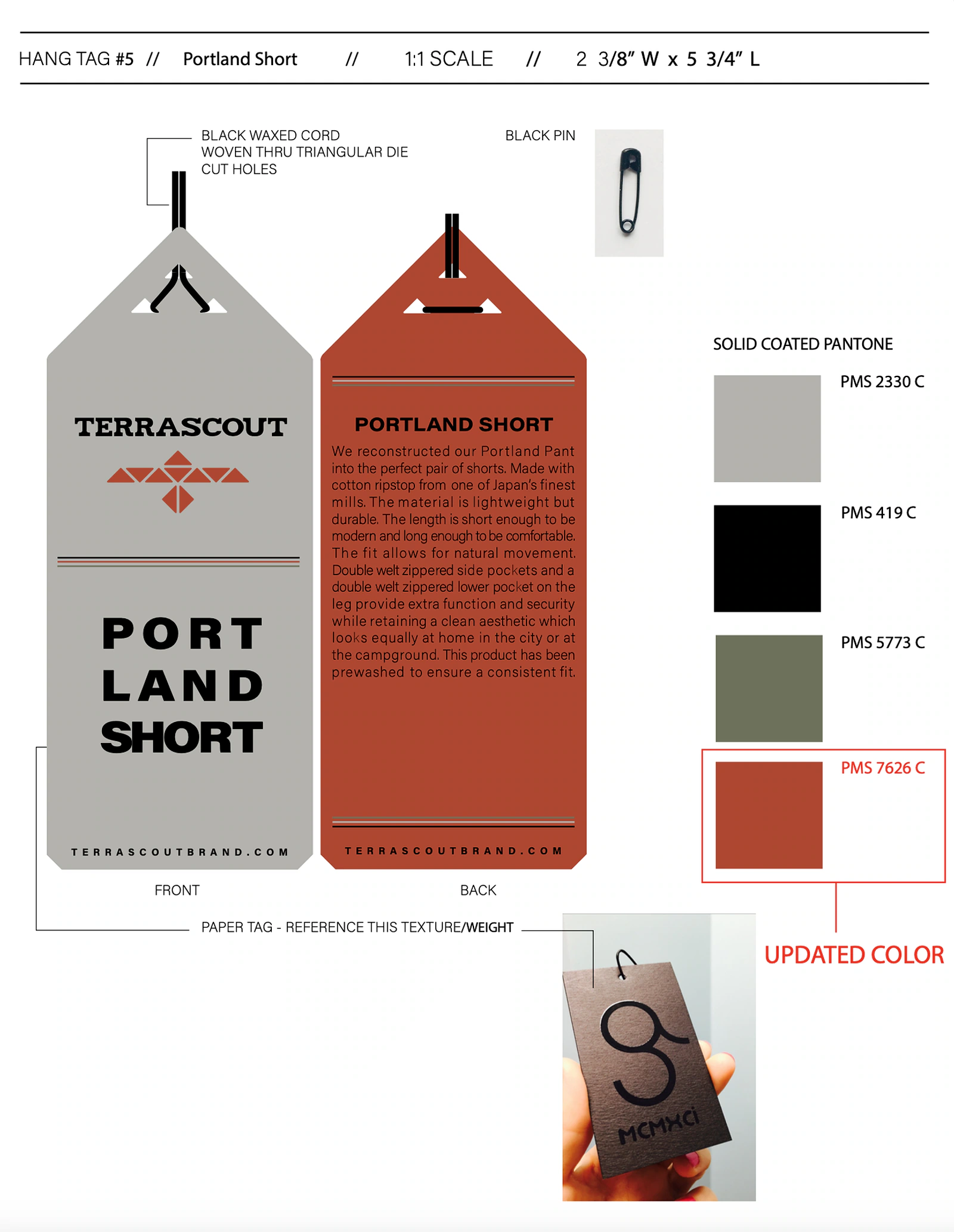 Terrascout Portland Short hang-tag specification showing color, materials, copy and hardware.