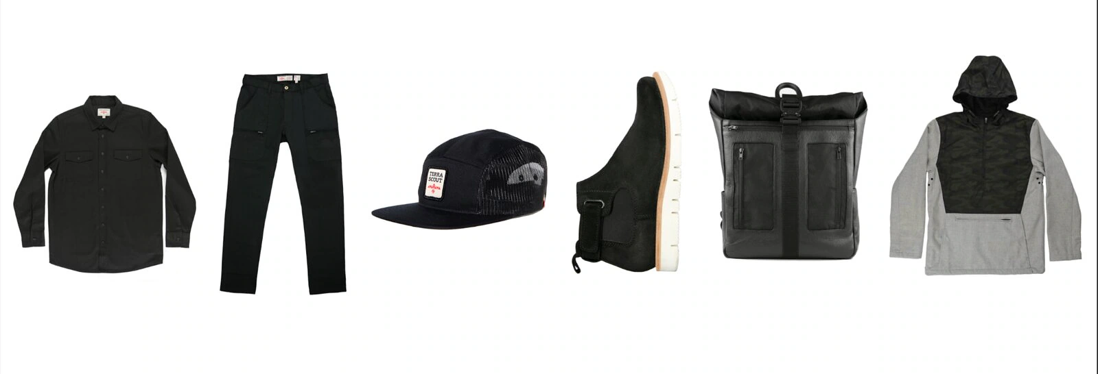 Terrascout product lineup including shirt, pants, hat, footwear, bag and outerwear.