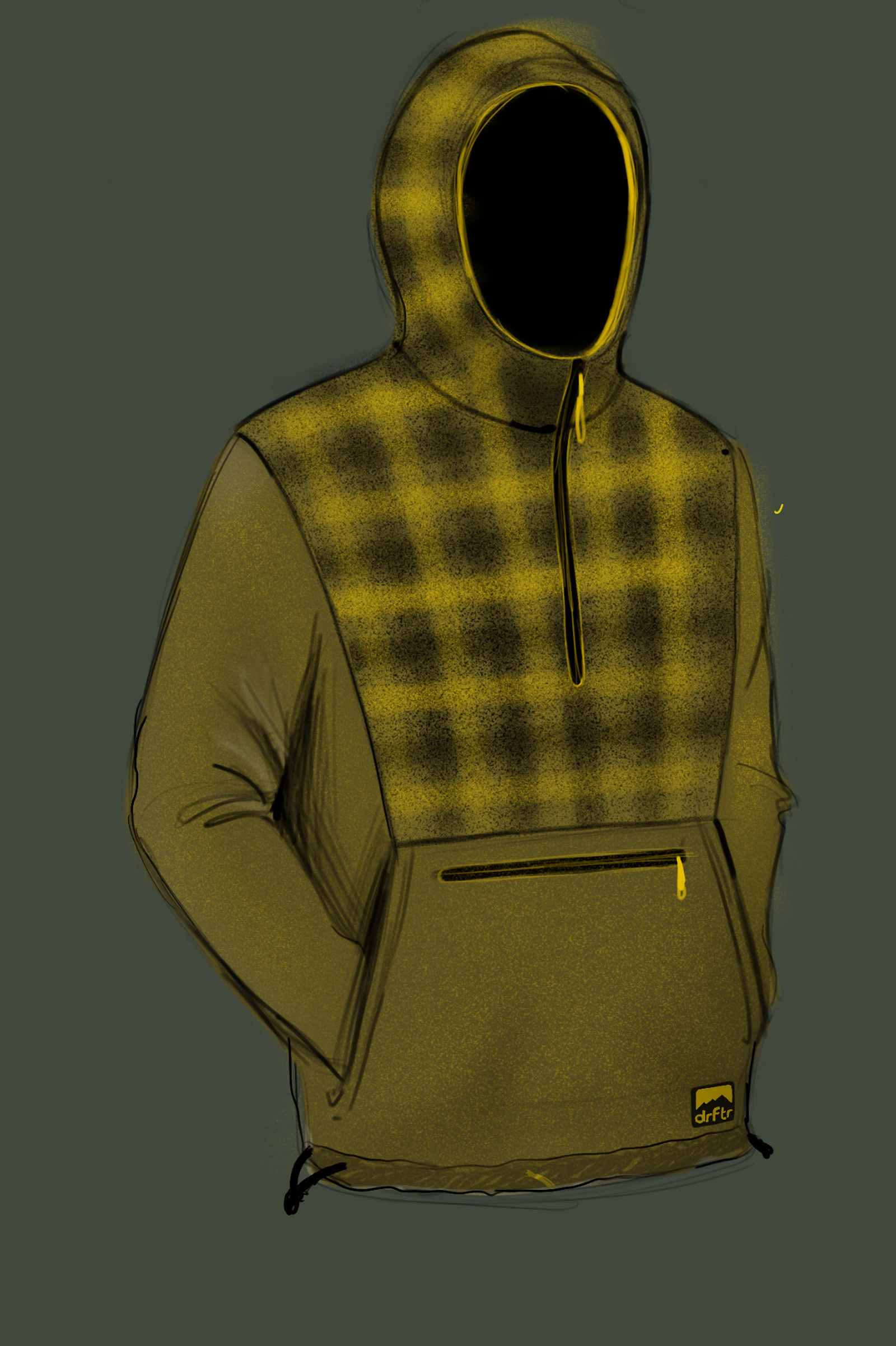 Early Terrascout anorak concept sketch exploring tonal material blocking, hood construction and pocket placement.