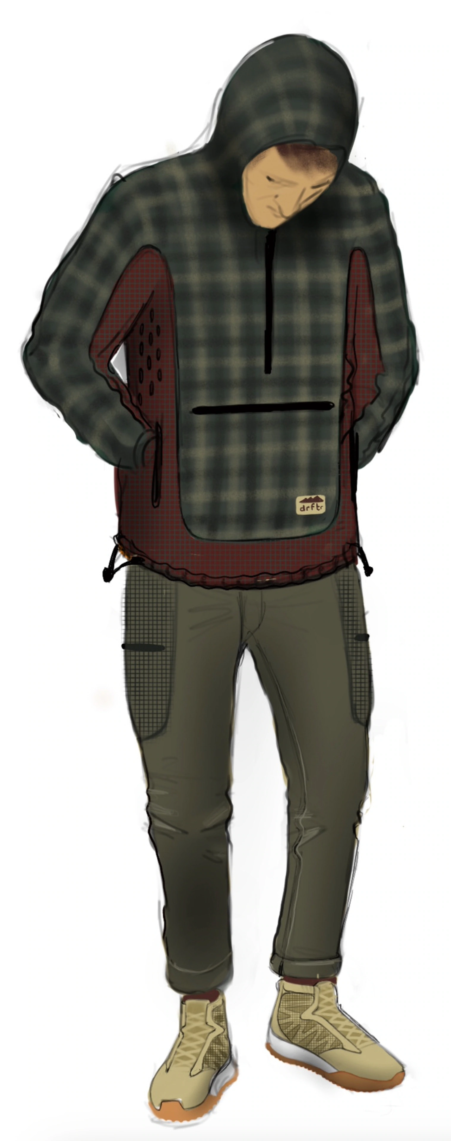 Early Terrascout full-look concept sketch showing an anorak, utility pants and footwear as one coordinated system.