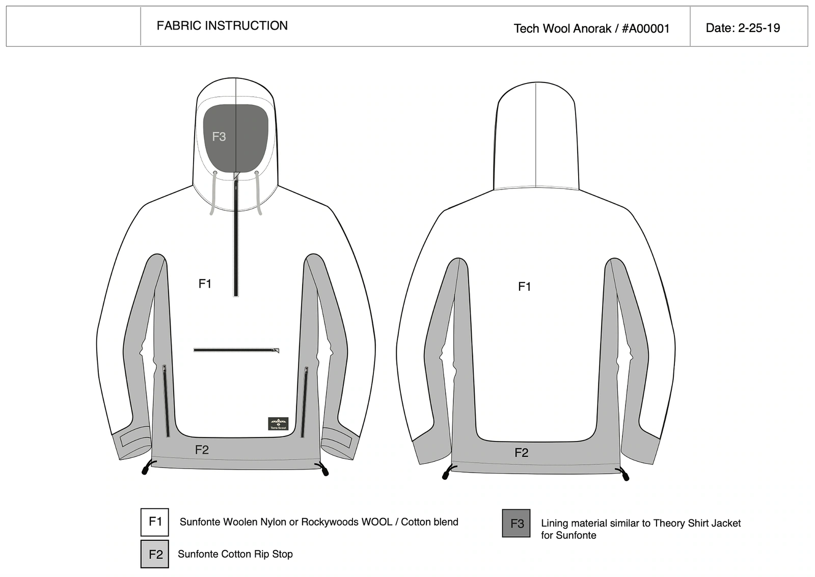 Terrascout Tech Wool Anorak fabric instruction technical drawing with front and back material zones.