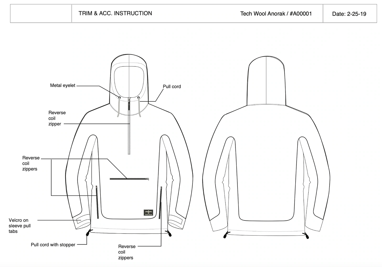 Terrascout Tech Wool Anorak trim and accessory instruction drawing with hardware callouts.