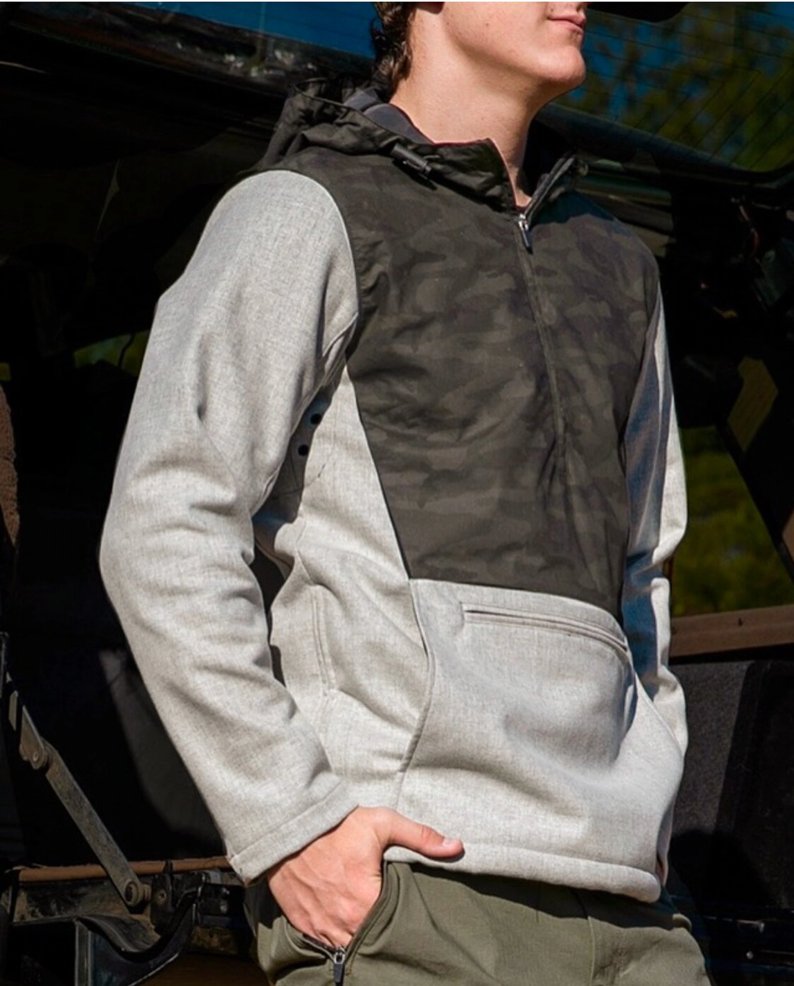 Terrascout grey and camo hoodie shown on model.