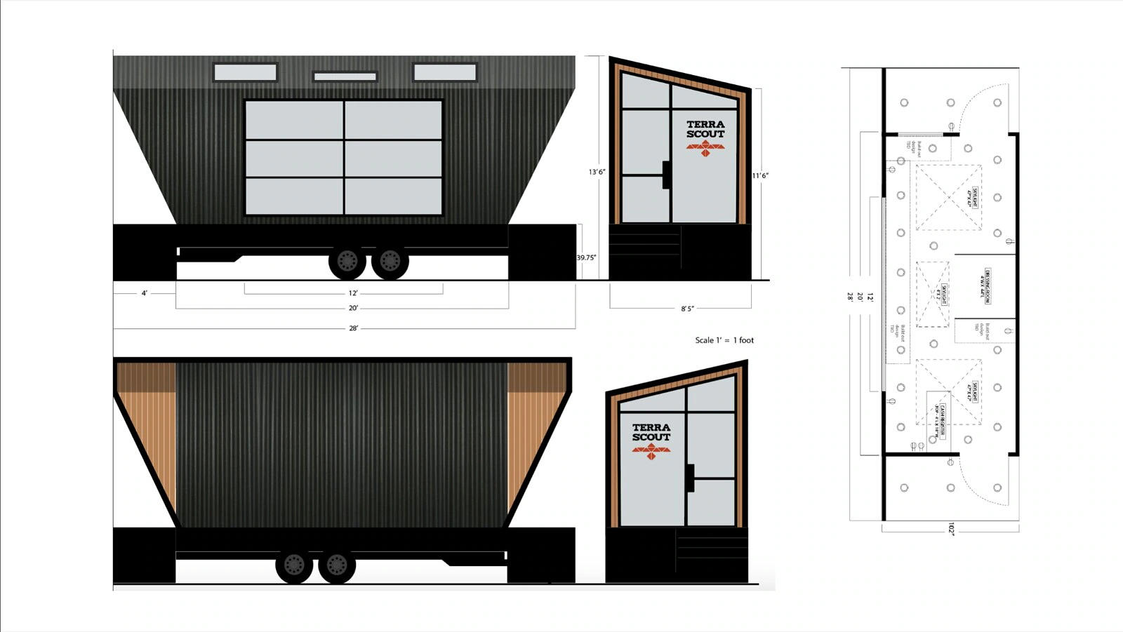 Terrascout retail trailer elevations and plan drawings.