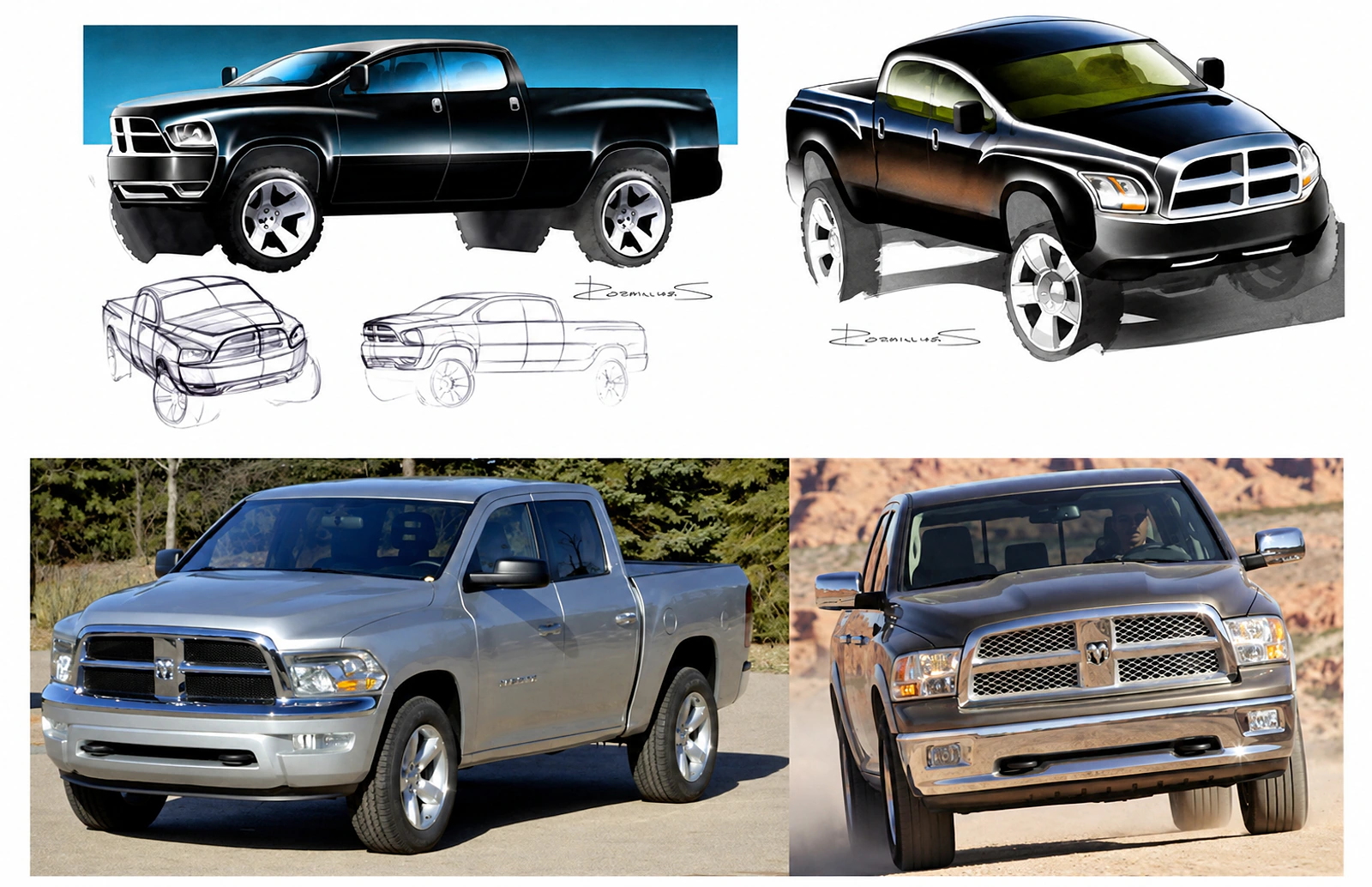 Design sketches and production imagery for the 2009 Dodge Ram.