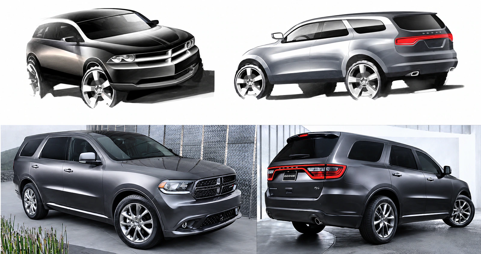 Exterior design sketches and production views for the 2011 Dodge Durango.