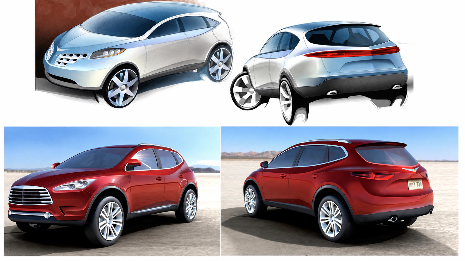 Creative exterior design exploration showing crossover and utility vehicle sketches alongside a developed red concept.