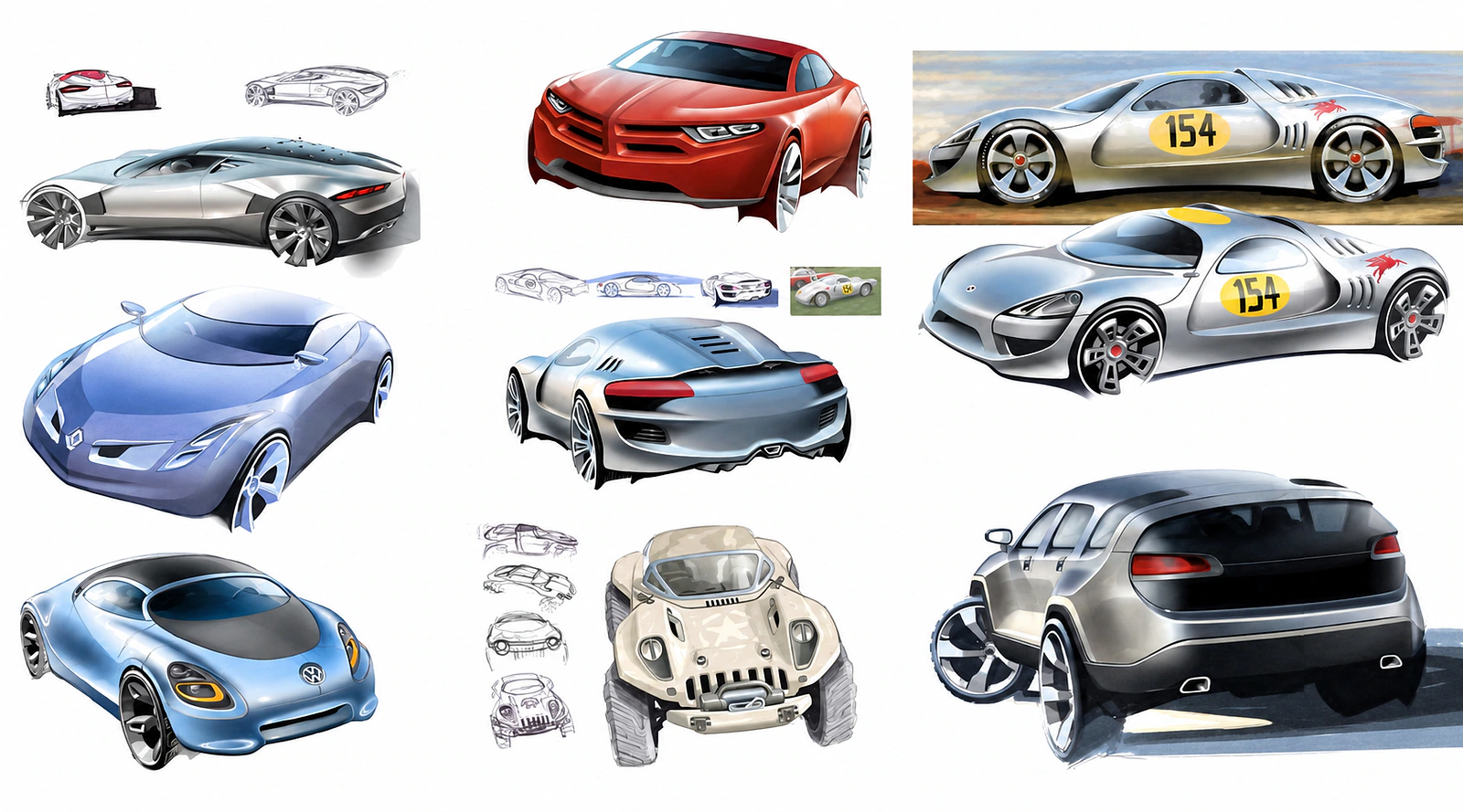 Broad automotive sketch exploration spanning sports cars, performance vehicles and utility concepts.