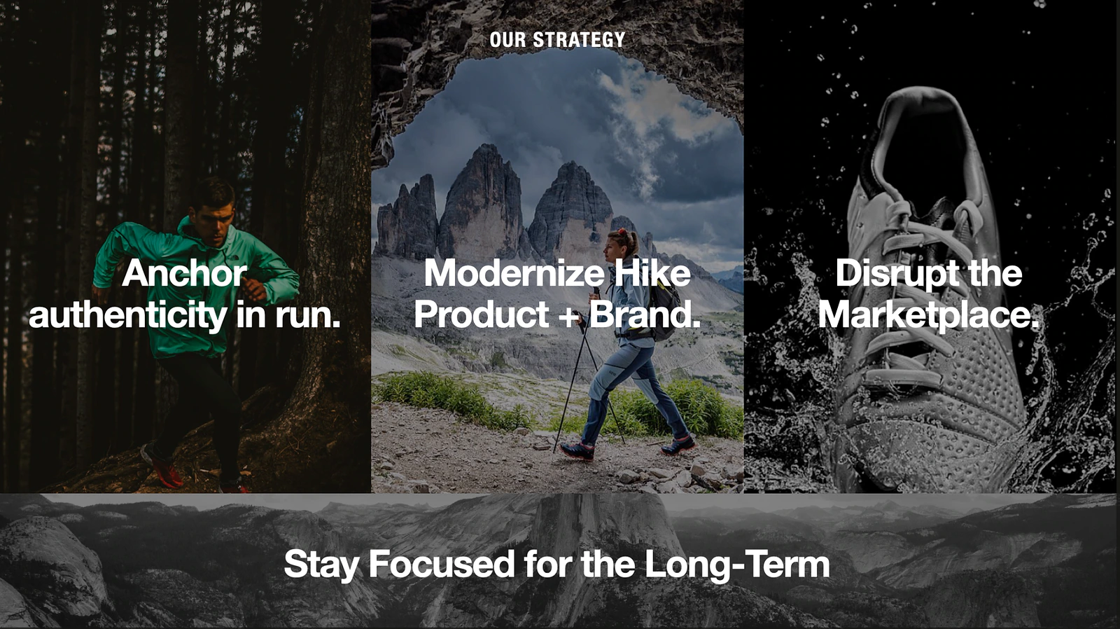 The North Face performance strategy slide: anchor authenticity in run, modernize hike product and brand, disrupt the marketplace, and stay focused for the long term.