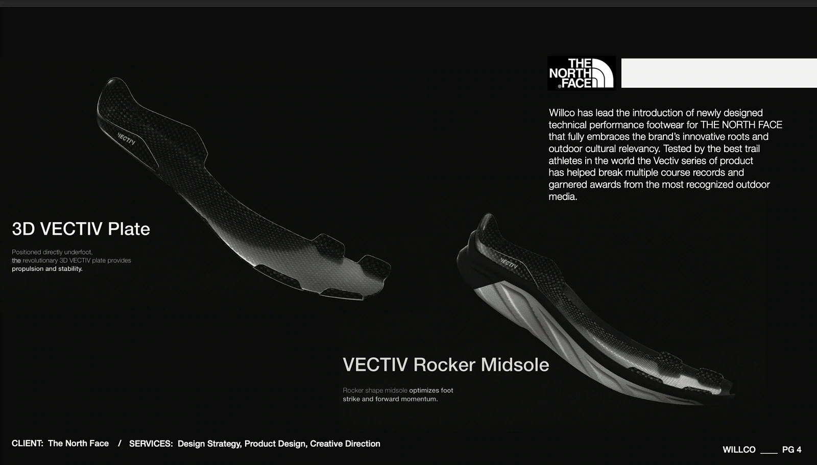 Black technical presentation showing the 3D VECTIV plate and rocker midsole.