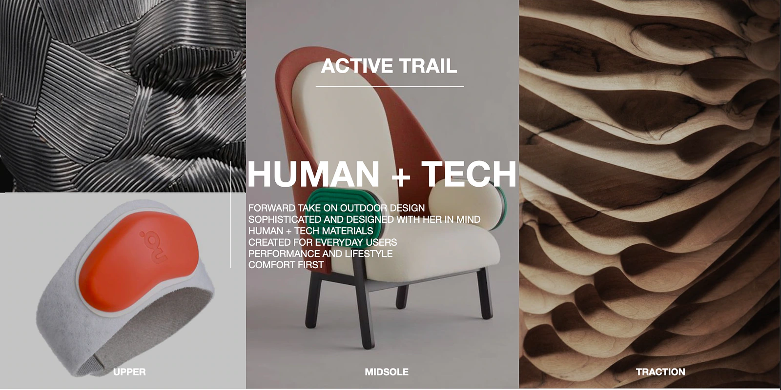 Active Trail Human + Tech board showing upper, midsole and traction material references.