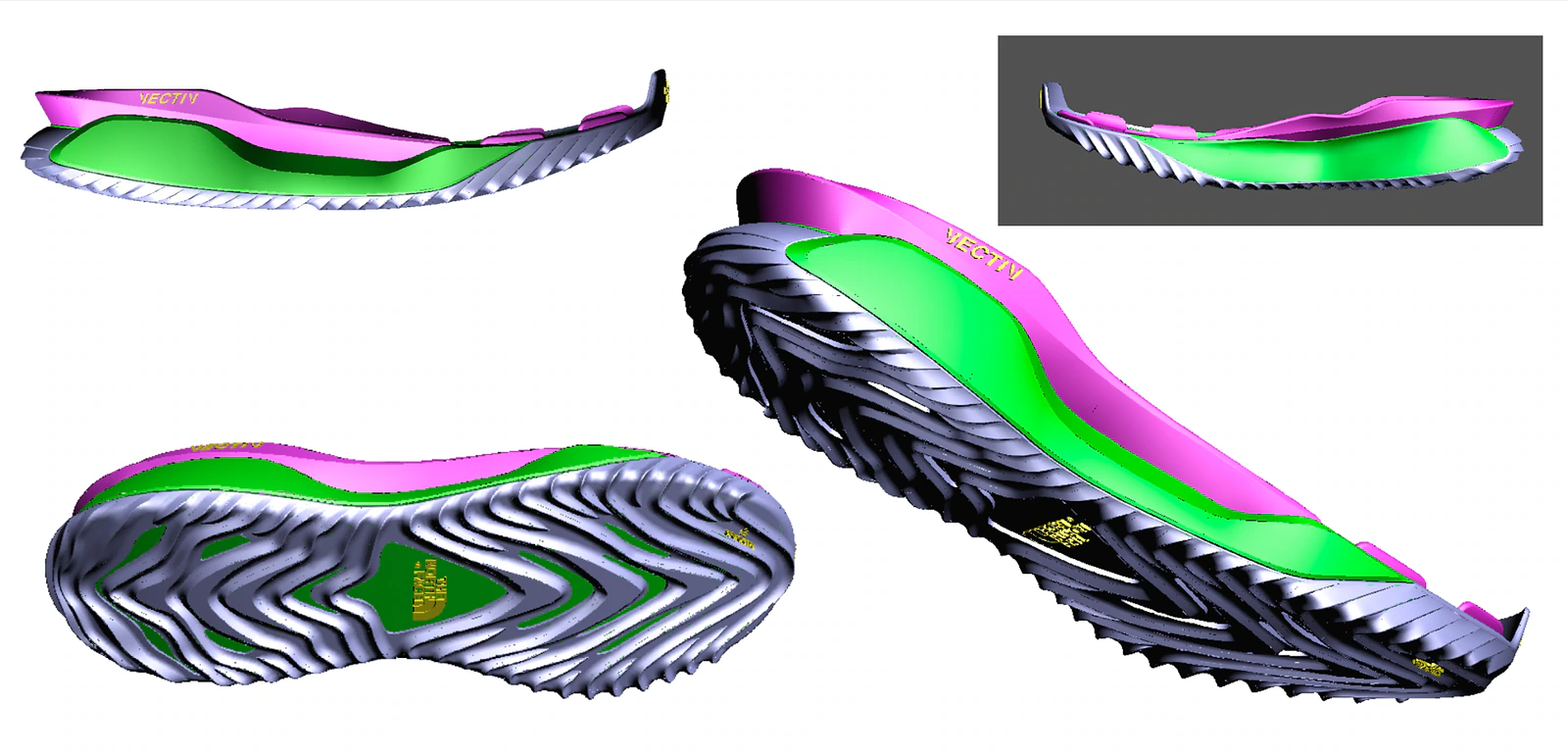 Colored CAD views of VECTIV tooling with outsole geometry.