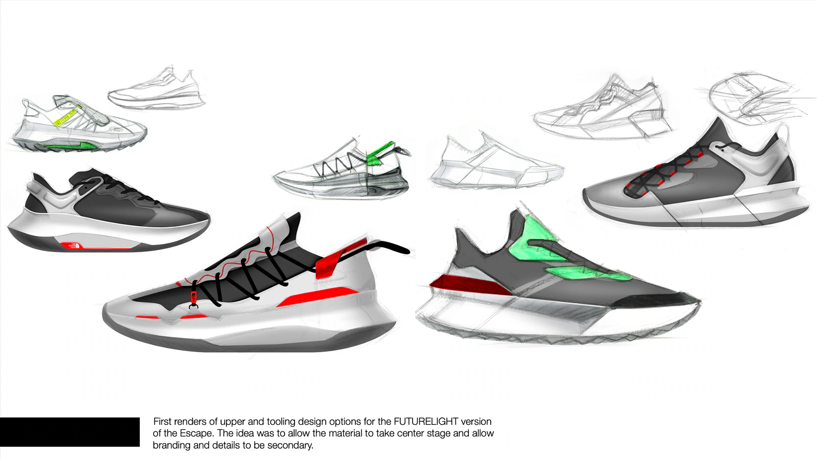 Escape Trail footwear sketch exploration sheet with multiple upper and tooling directions.