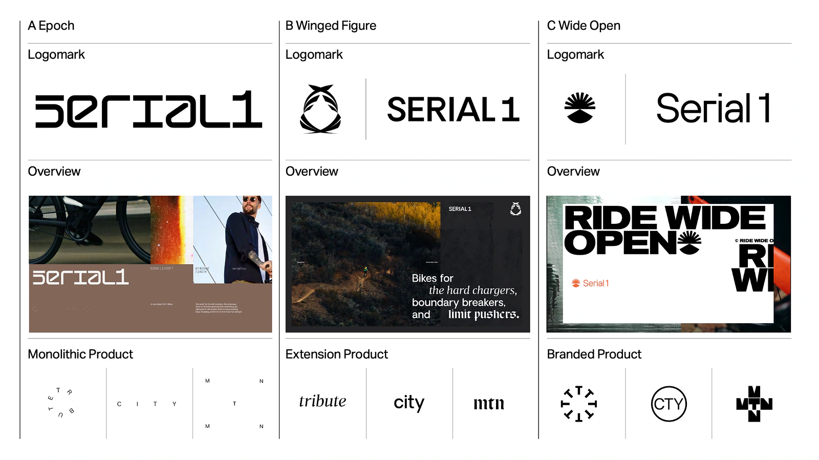 Serial 1 strategic direction architecture showing three possible brand futures before a direction was selected.