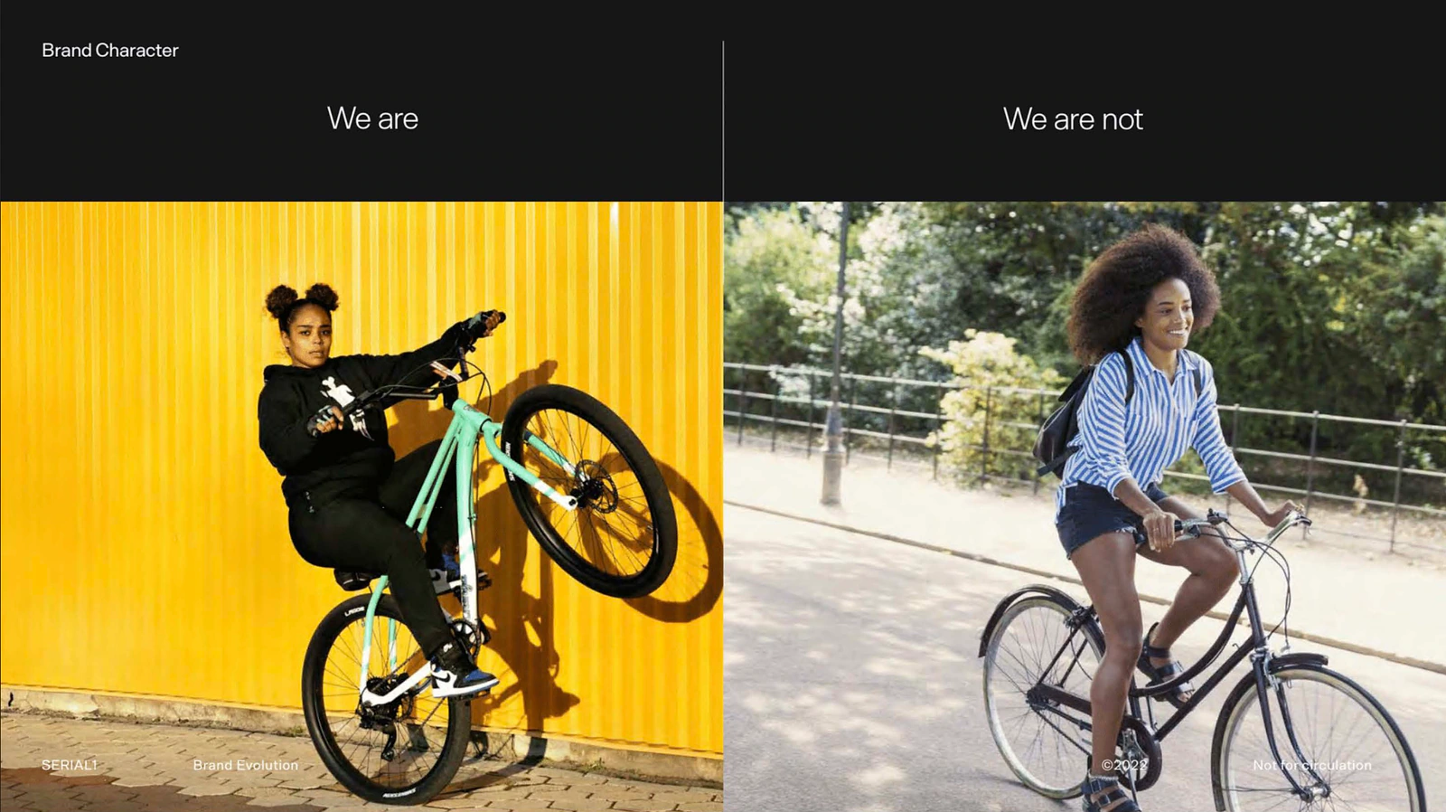 Serial 1 brand character presentation contrasting an expressive wheelie rider with a conventional commuter cyclist.