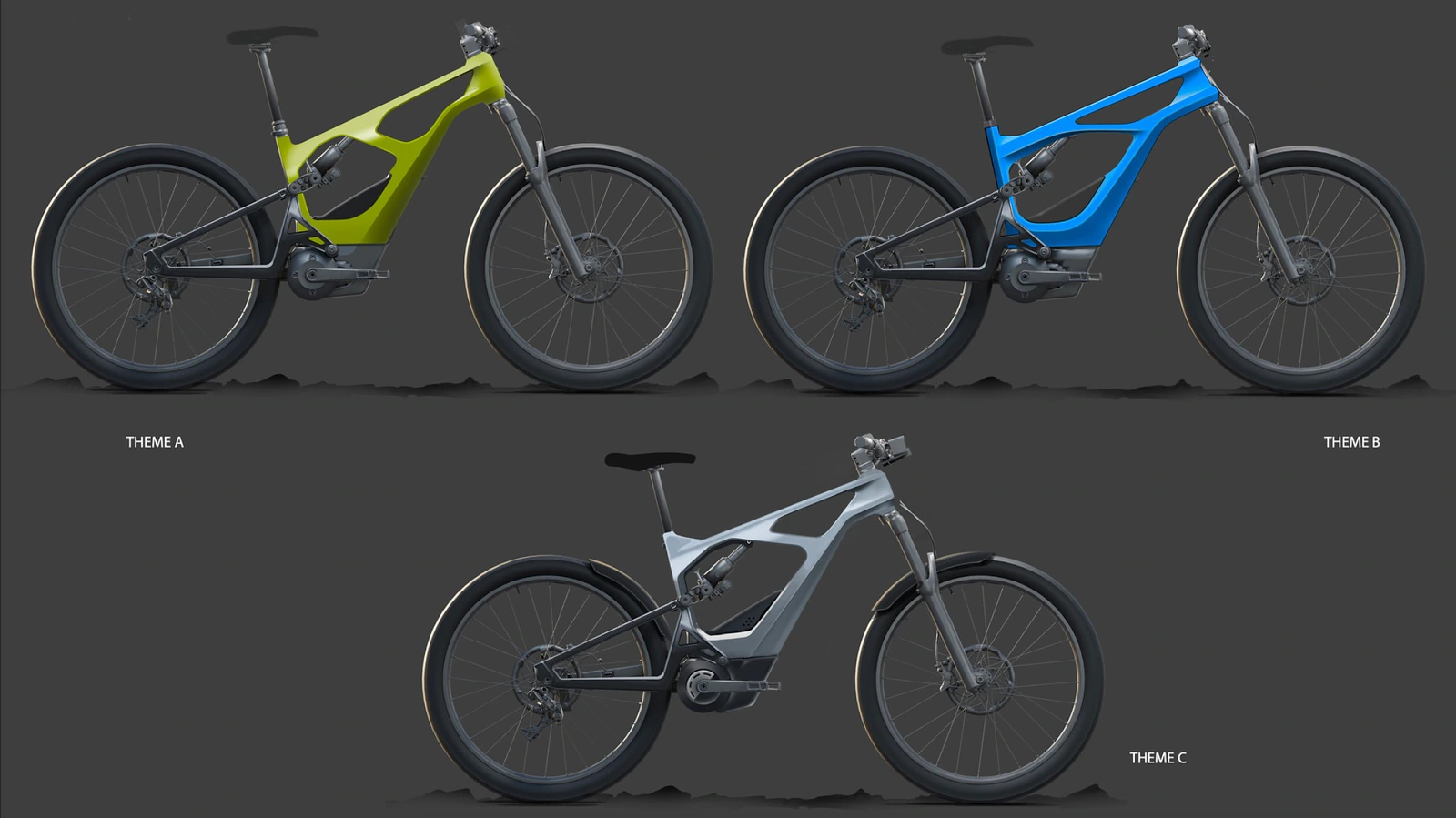 Serial 1 electric bicycle frame studies showing green, blue and white design directions.