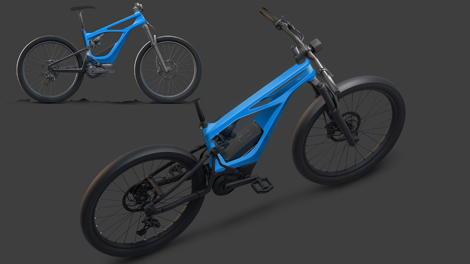Blue Serial 1 electric bicycle shown in side and three-quarter render views.