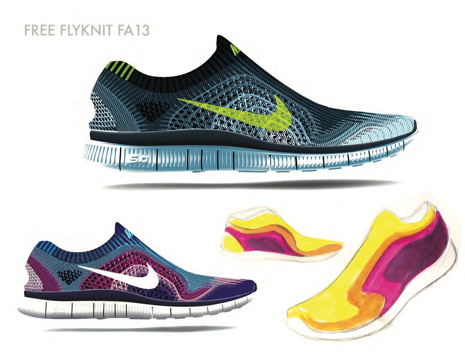 Free Flyknit FA13 knit uppers alongside color-coded fit-zone studies.