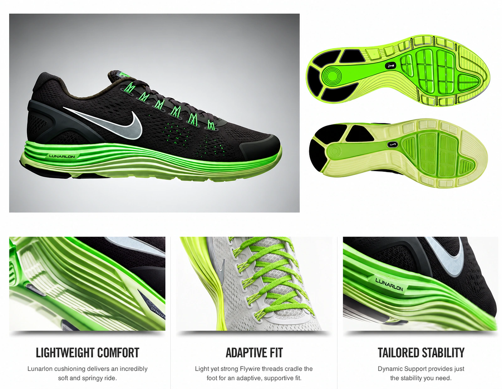 Lunarglide 4 product, outsole and construction details.
