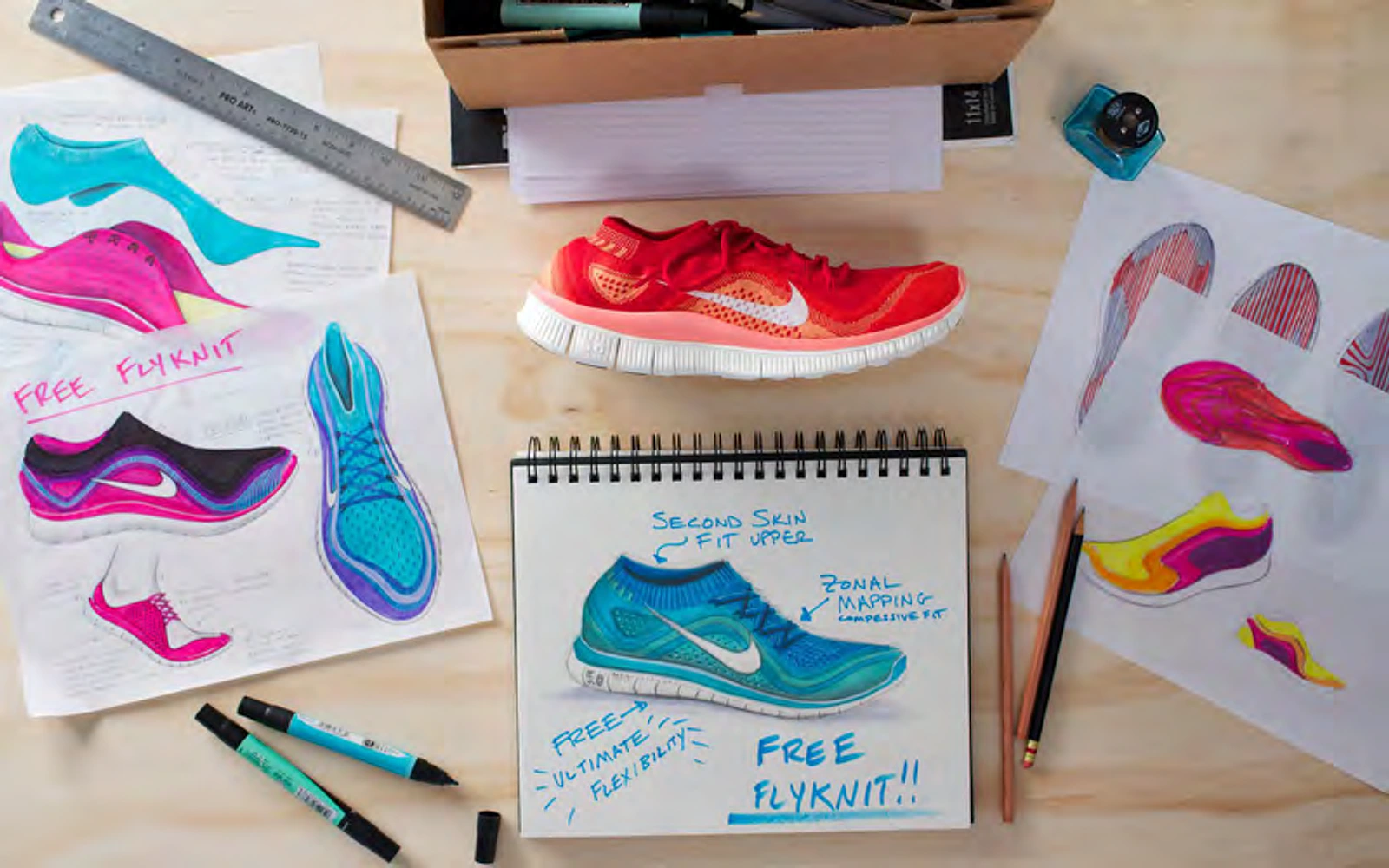 Free Flyknit development desk with sketches, material studies and a finished shoe.