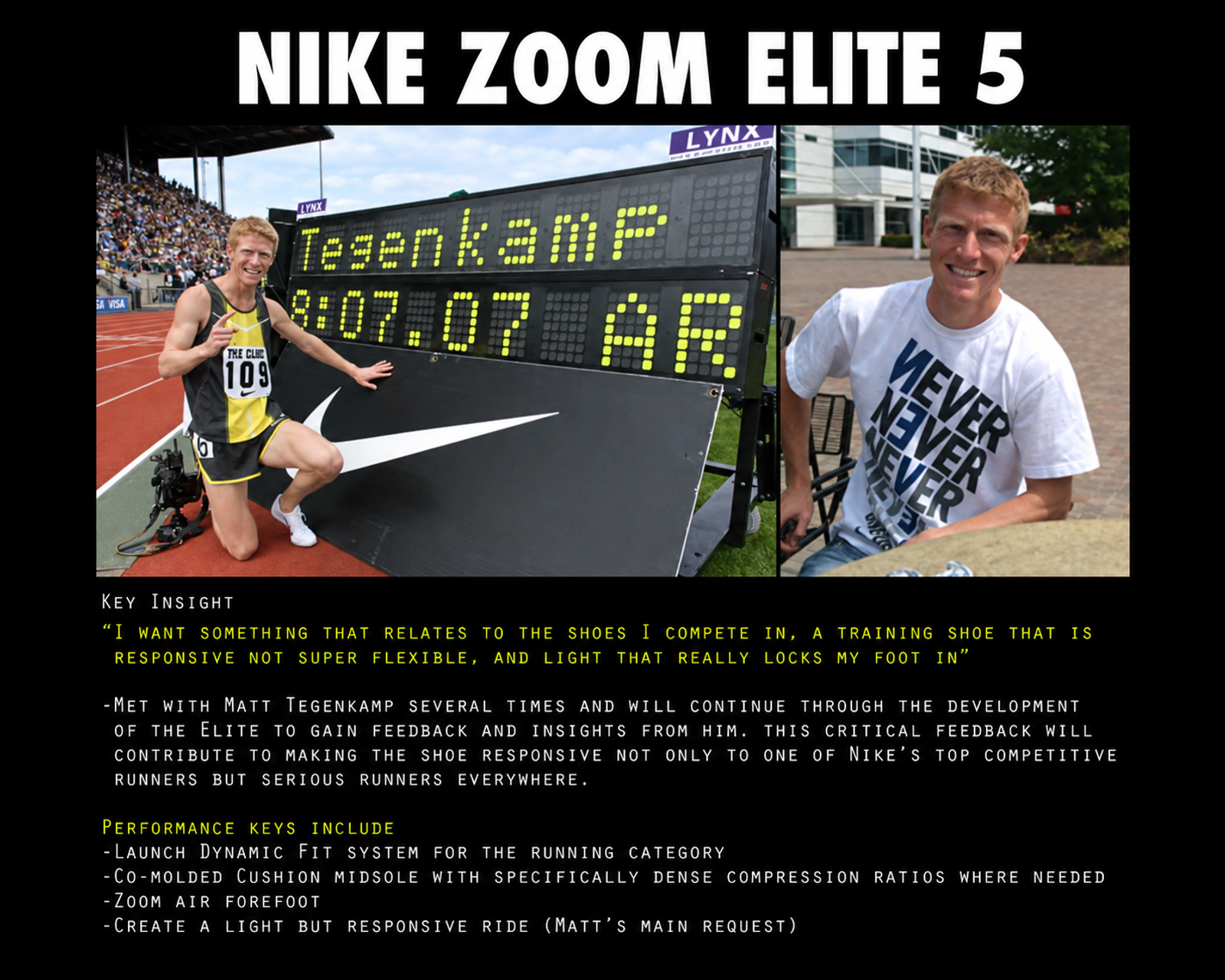 Nike Zoom Elite 5 athlete brief describing Matt Tegenkamp’s request for a light, responsive training shoe with a secure fit.