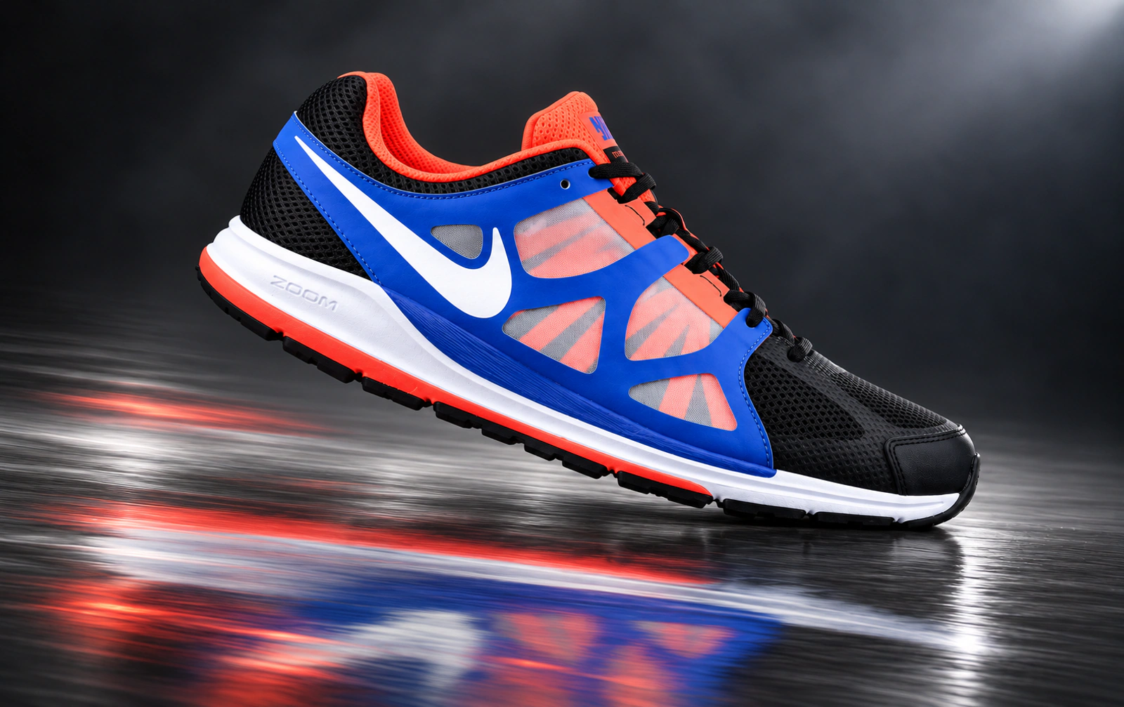 Nike Zoom Elite 5 in lateral side profile, toe on the studio floor and heel raised, above a motion-blurred reflection.