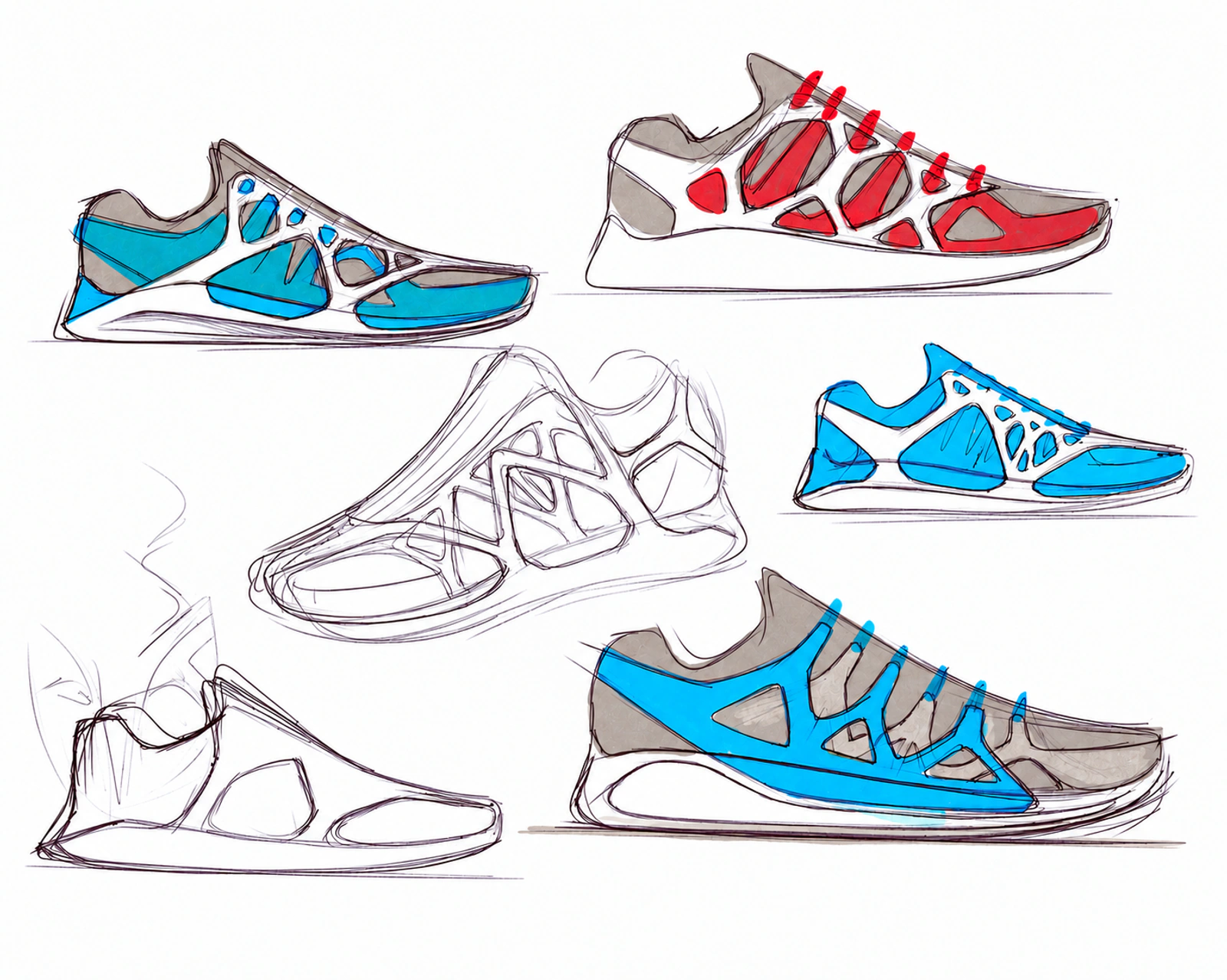 Zoom Elite 5 early blue and red structural upper sketches.