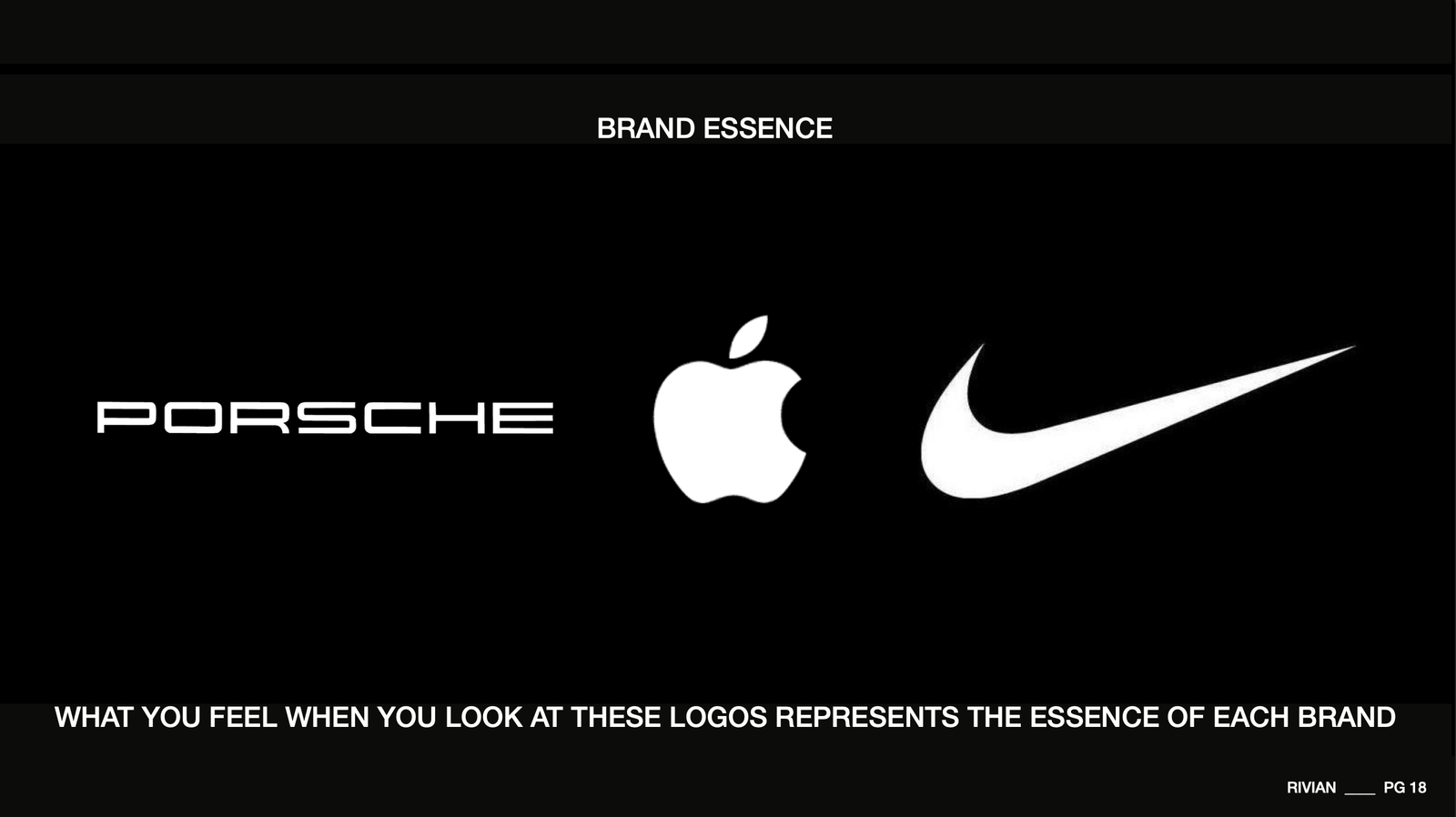 Brand essence reference slide with Porsche, Apple and Nike illustrating the associations a brand can build.