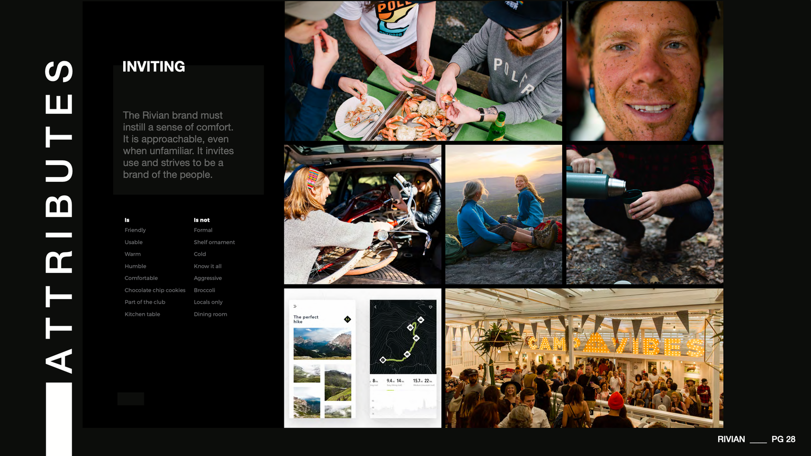 Inviting brand attribute with warm, friendly, shared outdoor experiences and a sense of community.