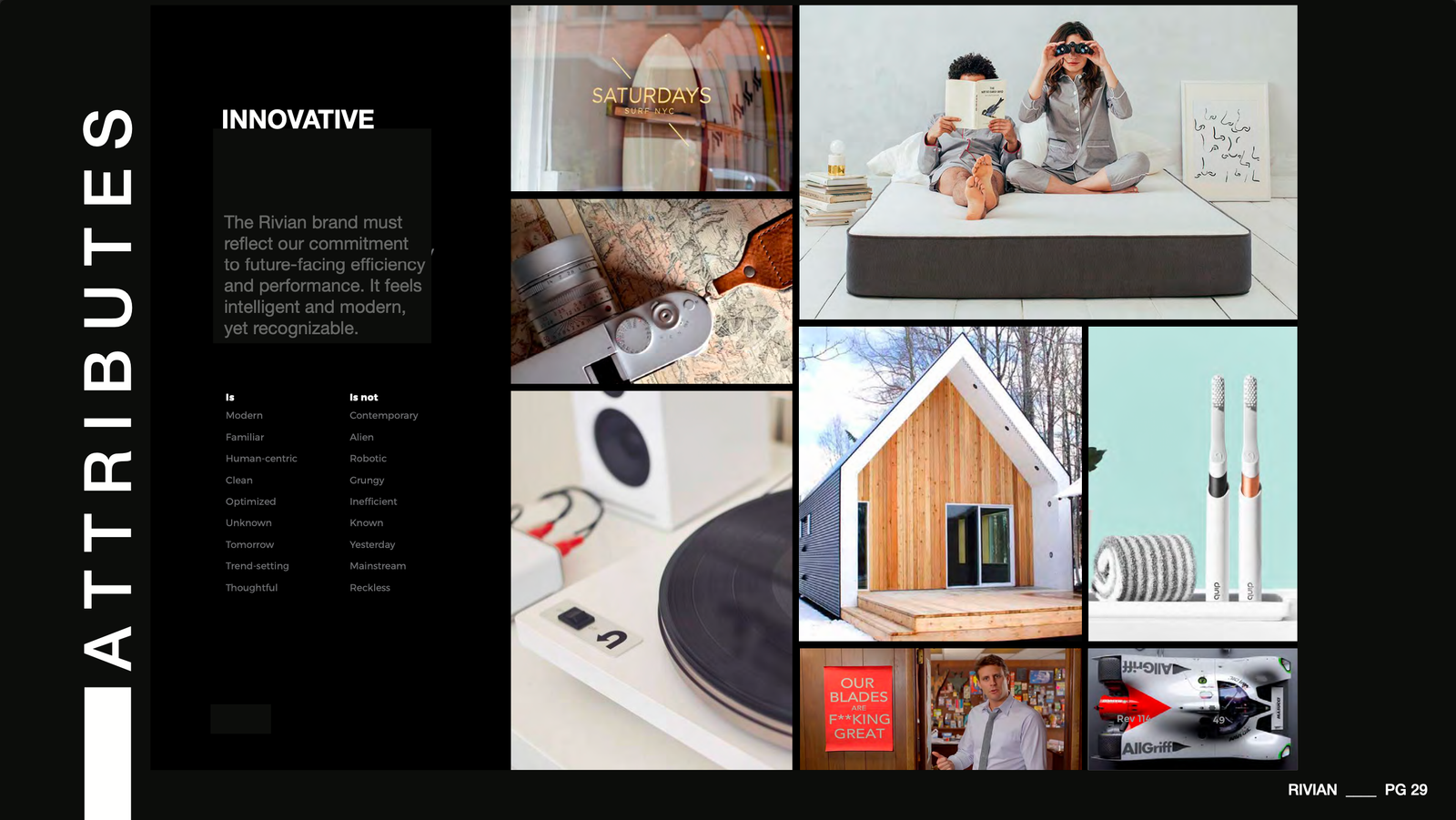 Innovative brand attribute with references for thoughtful, modern, useful design.