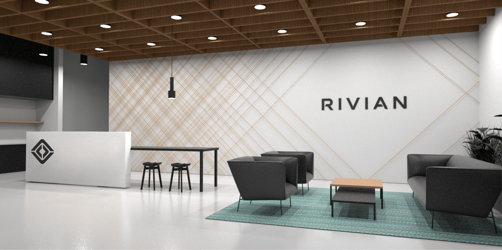 Rivian headquarters lobby with a timber ceiling, lounge seating and the wordmark on a white wall.