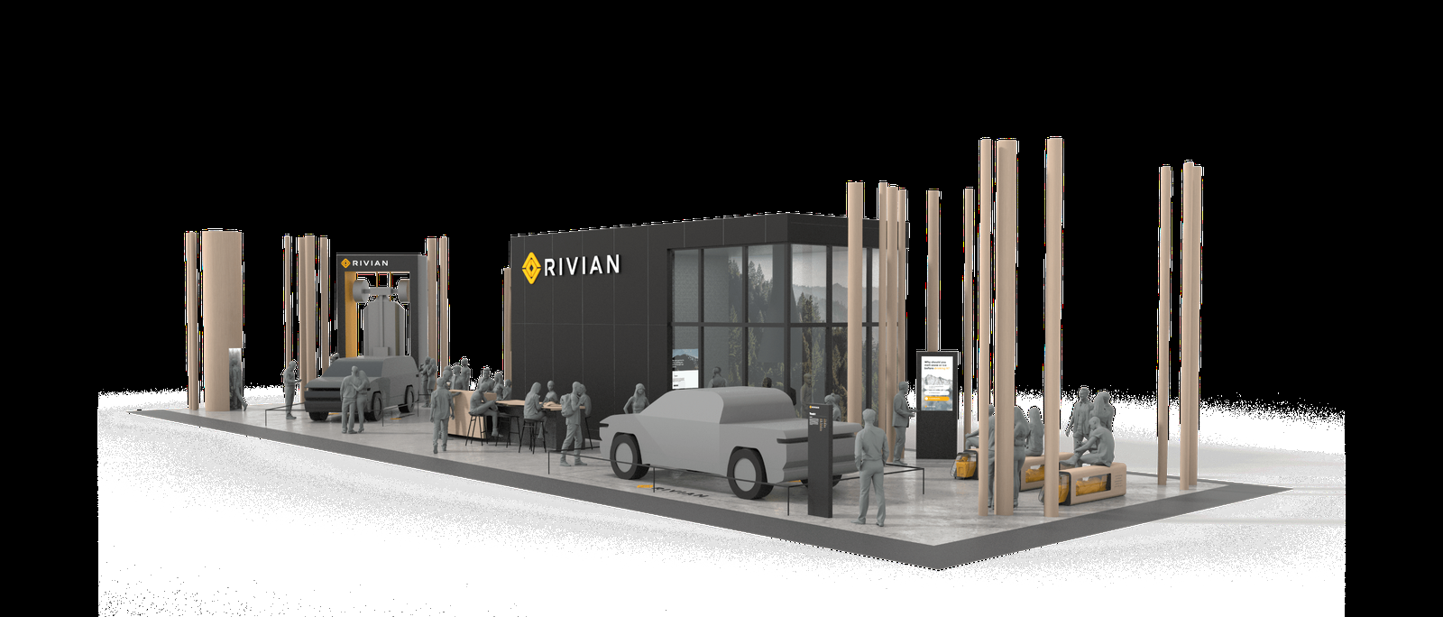 o2 Creative Solutions rendering of the Rivian exhibit with timber uprights, vehicles and gathering spaces.