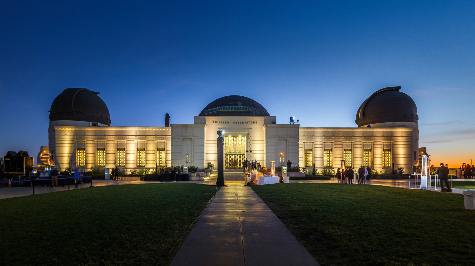 Griffith Observatory illuminated at dusk ahead of the Rivian premiere.