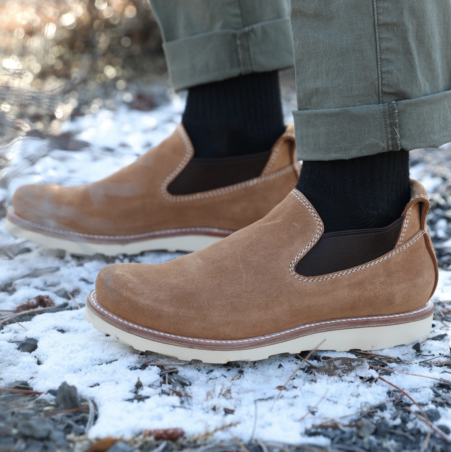 Boot: Tan suede in use